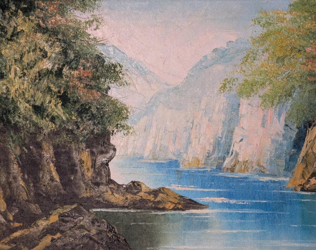 【真作】絵画　油彩　峡谷の清流　雄大な自然　迫力ある風景アート　Z28