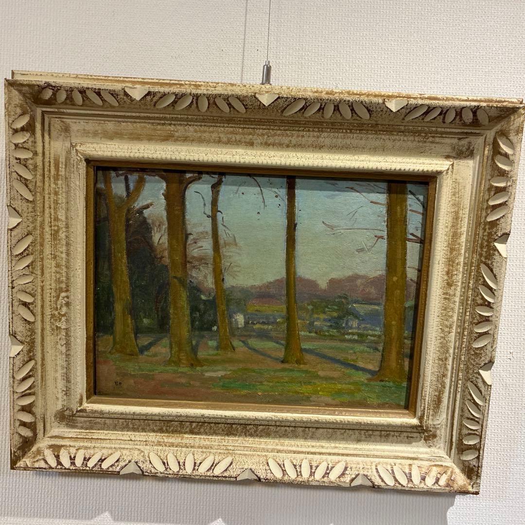 野口明　油彩画　額装品　　淡き斜陽　昭和32年