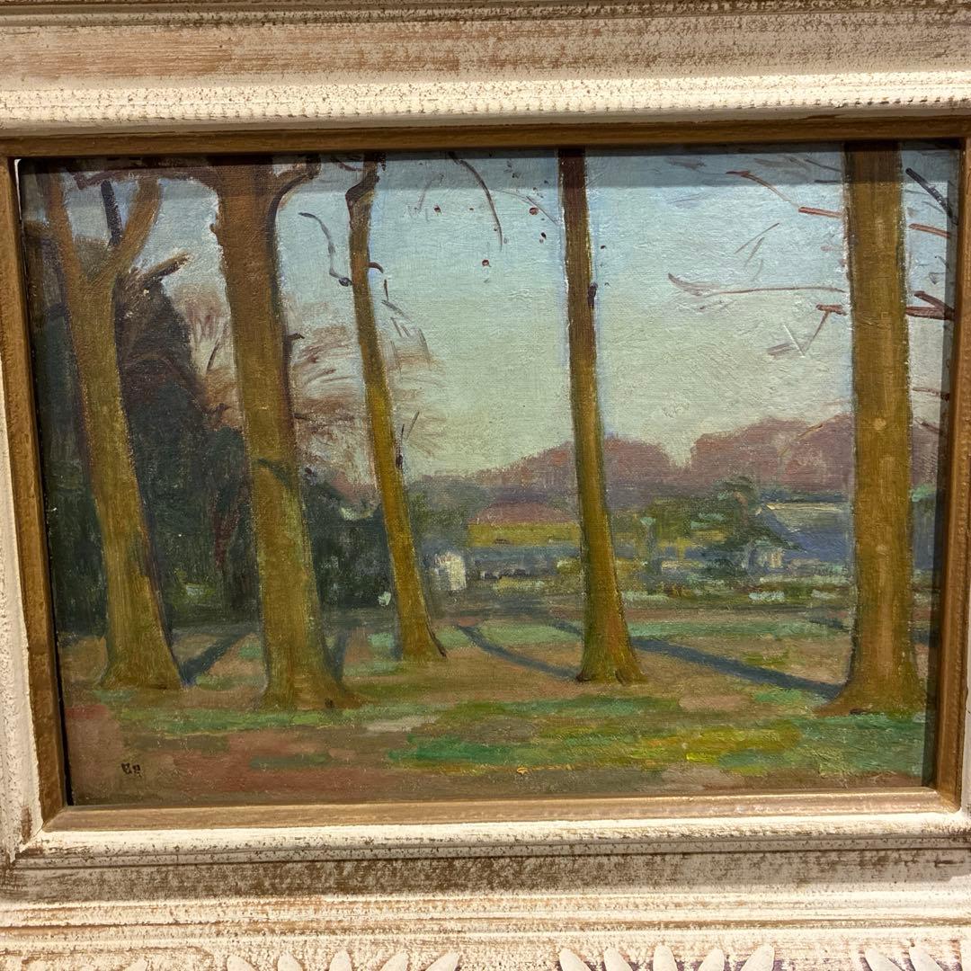 野口明　油彩画　額装品　　淡き斜陽　昭和32年