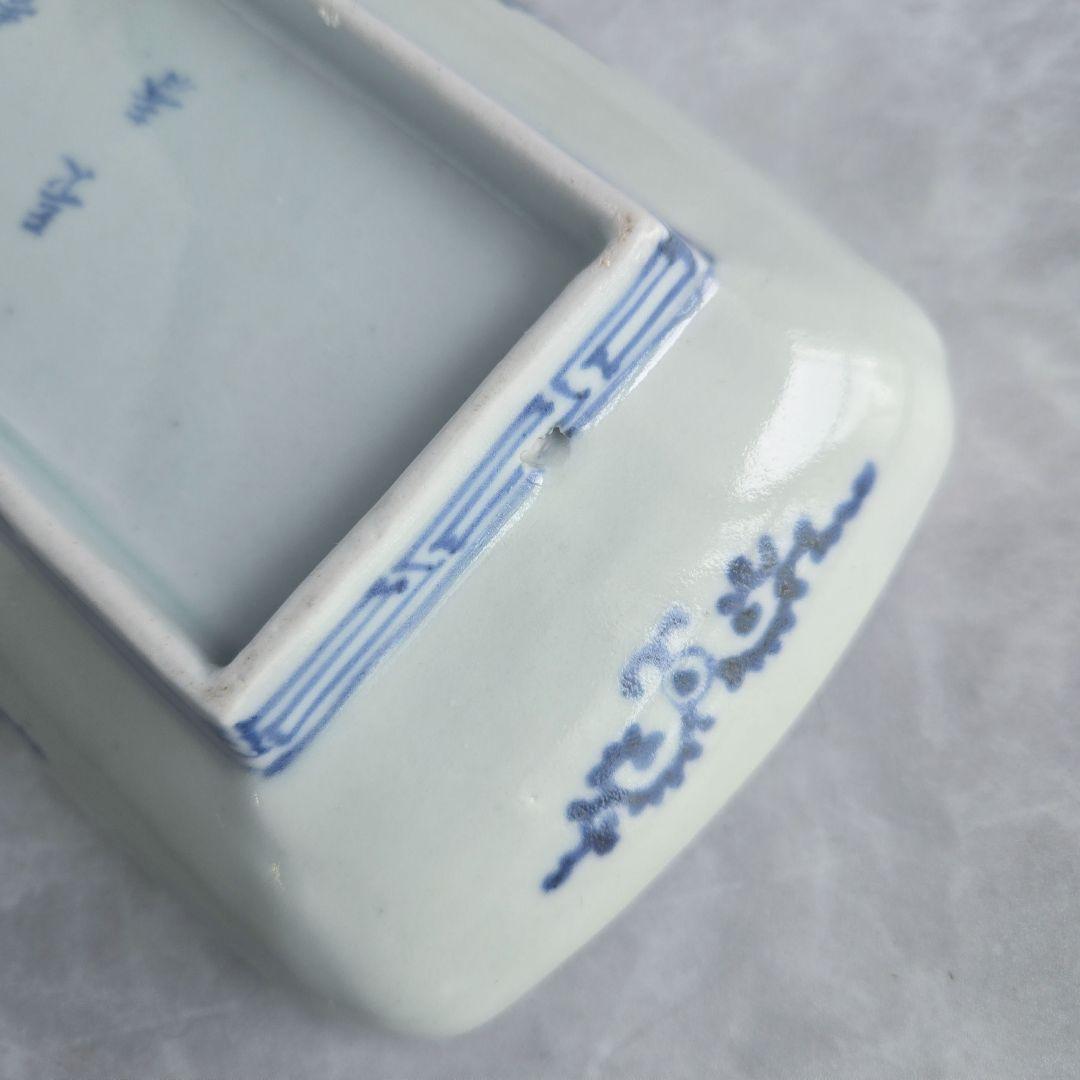 無傷　古伊万里　染付　蛸唐草　長皿　角皿　江戸時代　金直し　金継ぎ　骨董　牡丹