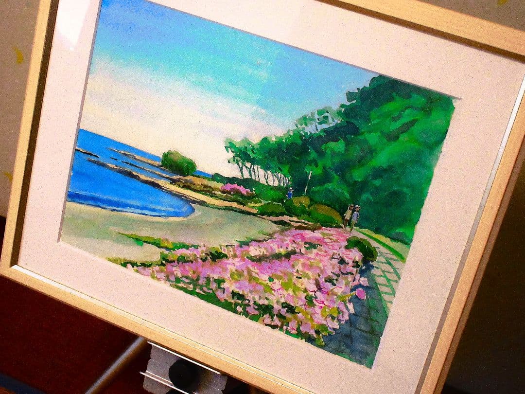 ハマ大根の咲く頃 水彩画 フレーム付き