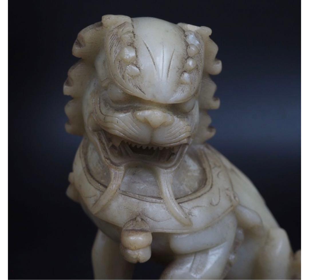 送料無料　中国古玩　清時代滑石彫刻獅子一対　高さ１８ｃｍ