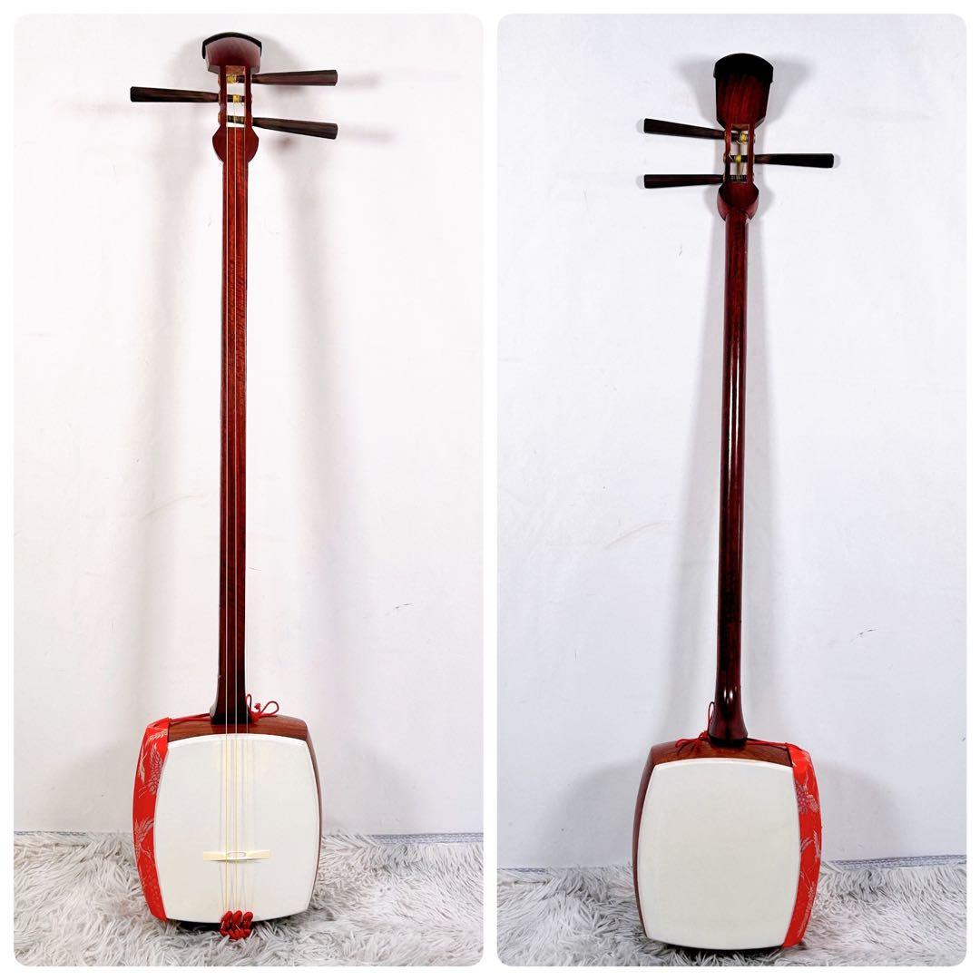 長唄三味線　細棹　花梨　正寸　丸打胴　本皮　皮破れなし　天神欠けなし