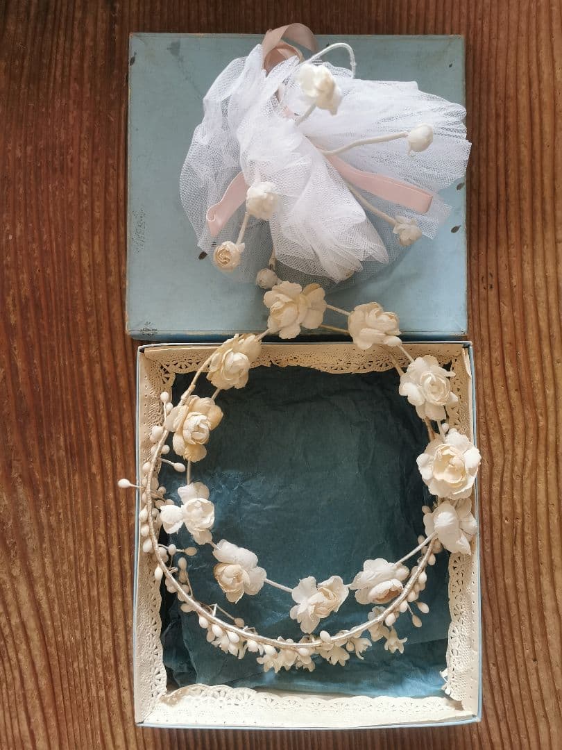 アンティーク ワックスフラワー＆布花冠ティアラ 薔薇ブーケ ブライダル３点セット