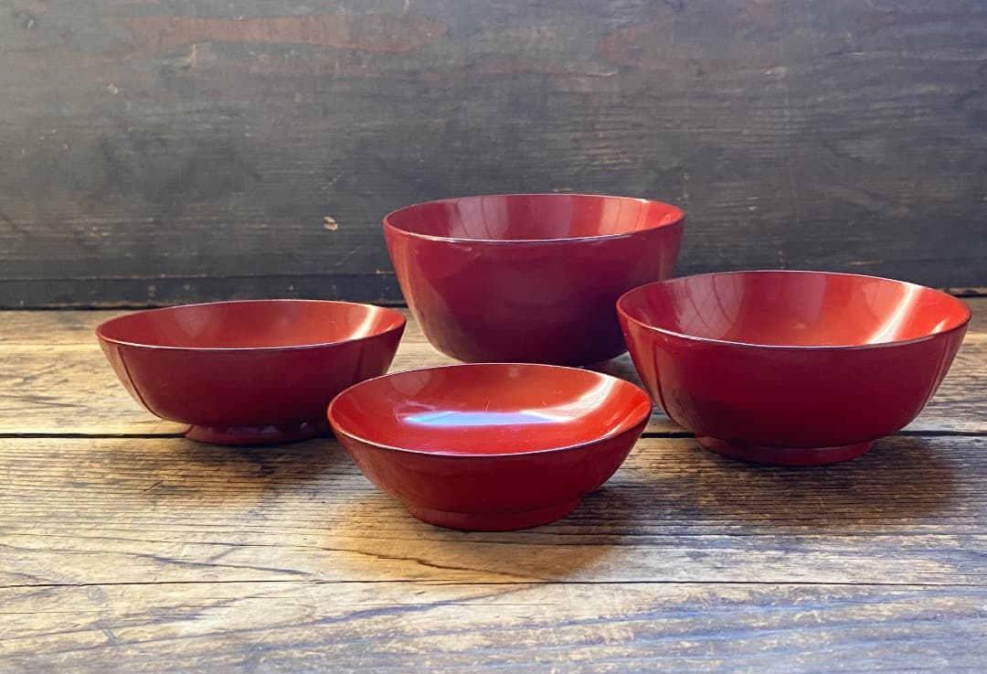 能登蔵出し 輪島塗 朱漆 入れ子 四つ椀 / 時代 朱塗 漆器椀 四つ組椀 正月