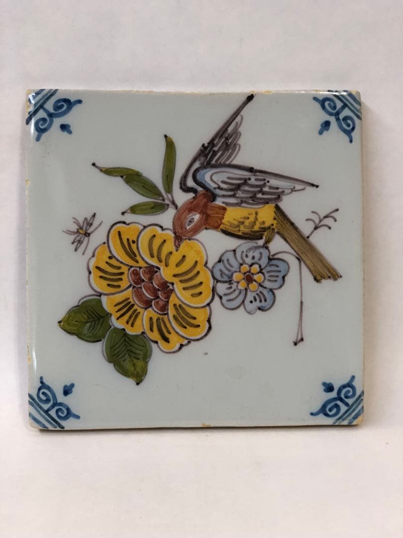 17世紀　オランダ　絵柄デルフトタイル　花鳥図　タイル