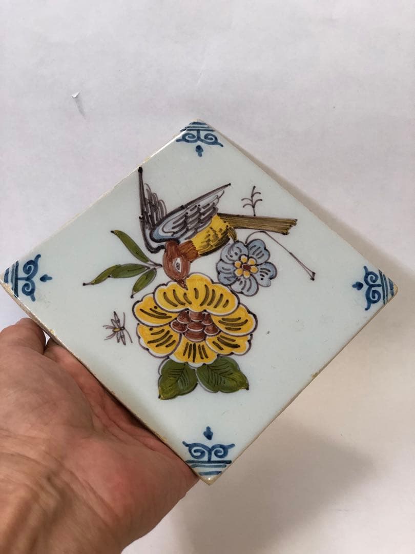 17世紀　オランダ　絵柄デルフトタイル　花鳥図　タイル