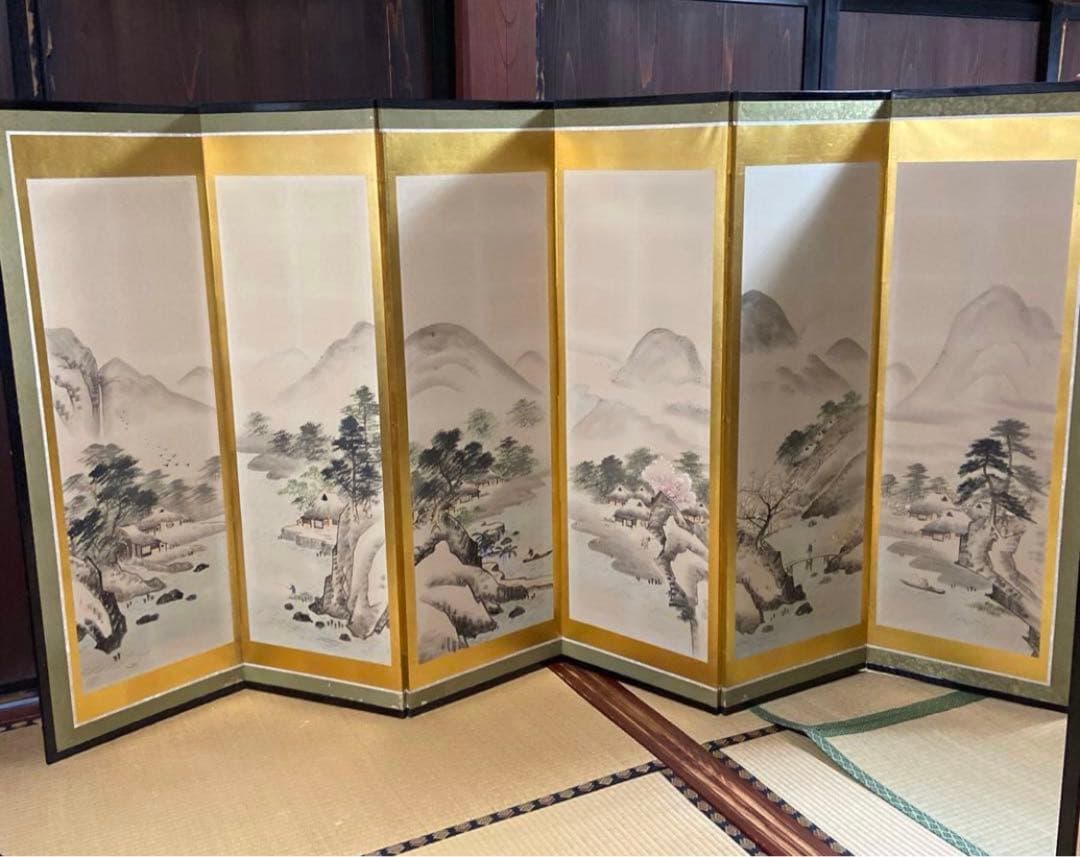 山水画 屏風 花柄裏面