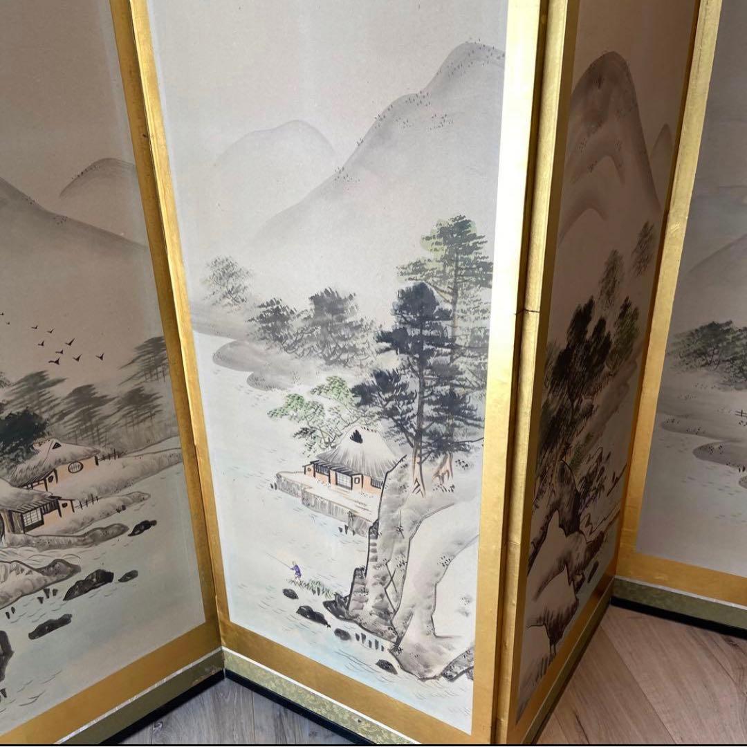 山水画 屏風 花柄裏面