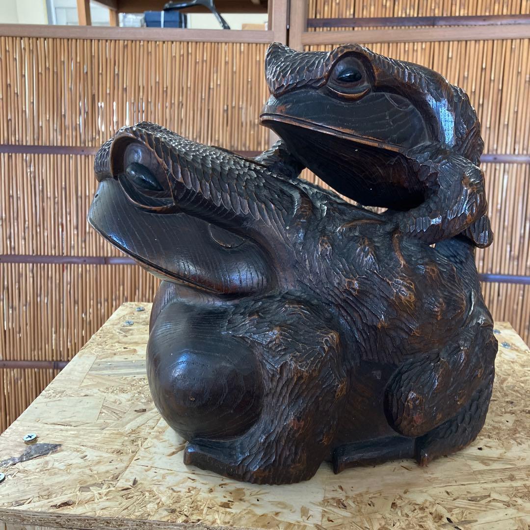 骨董　福かえる　木彫刻　親子かえる　昭和20年頃の作￼Ｎ34KE