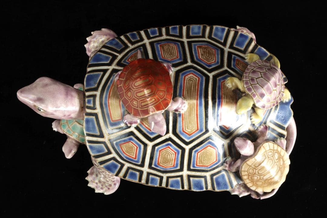 野々村仁清 在銘 色絵親子亀置物 共箱 京焼 細密造形 縁起物 古美術 骨董品