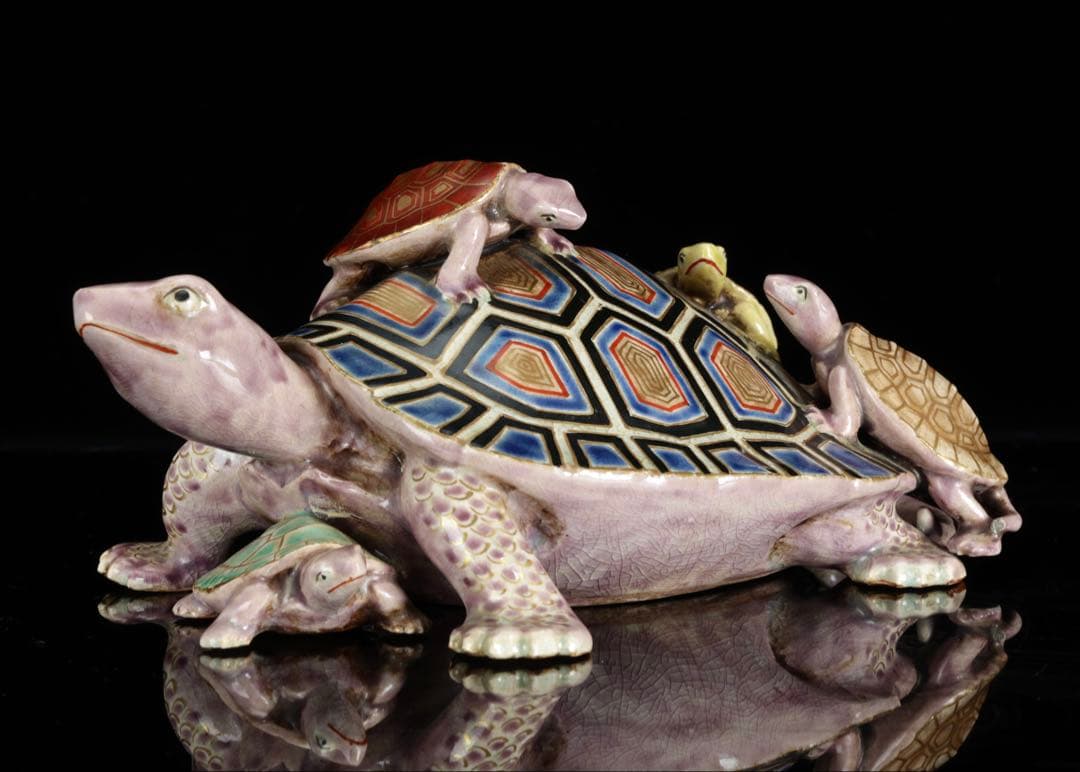 野々村仁清 在銘 色絵親子亀置物 共箱 京焼 細密造形 縁起物 古美術 骨董品
