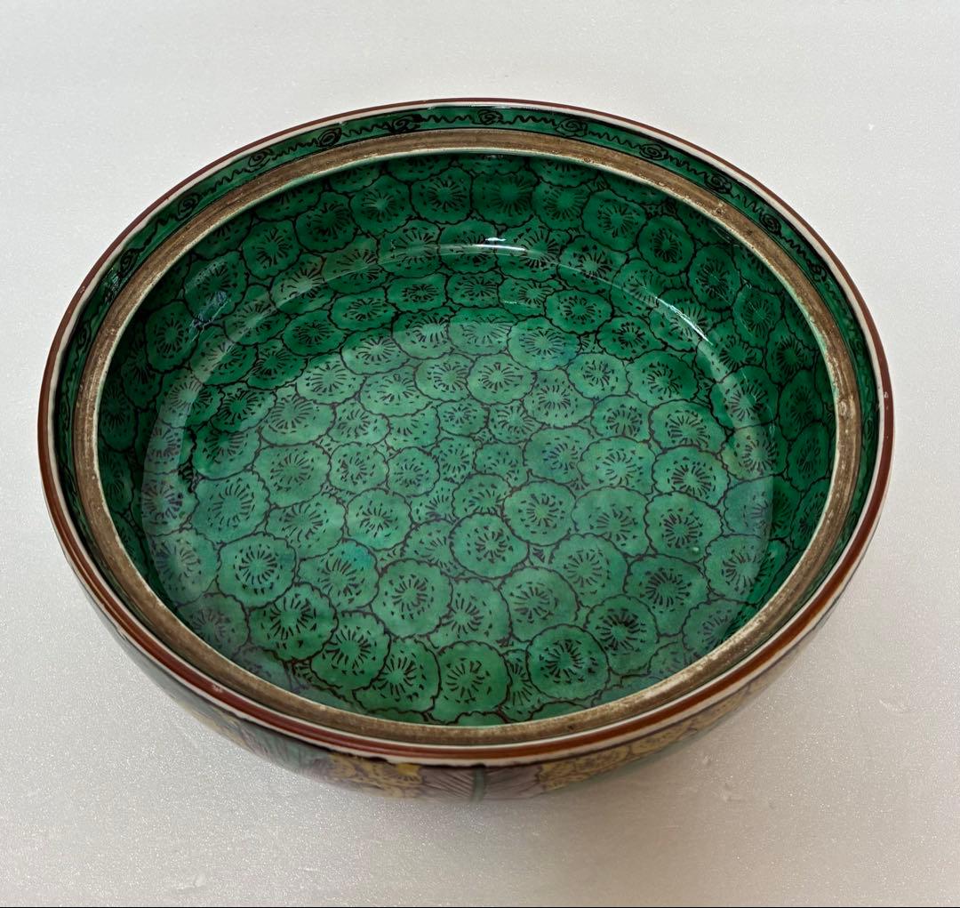 江戸時代後期 明治 吉田屋窯 古九谷様式 青手九谷 色絵芭蕉文 蓋付鉢