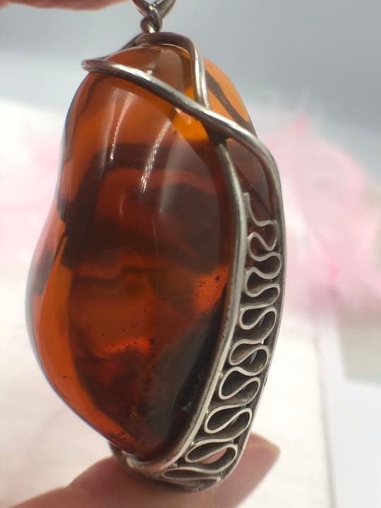 植物入りペンダント ネックレス 即納 琥珀 天然石 銀 シルバー アレルギー対応