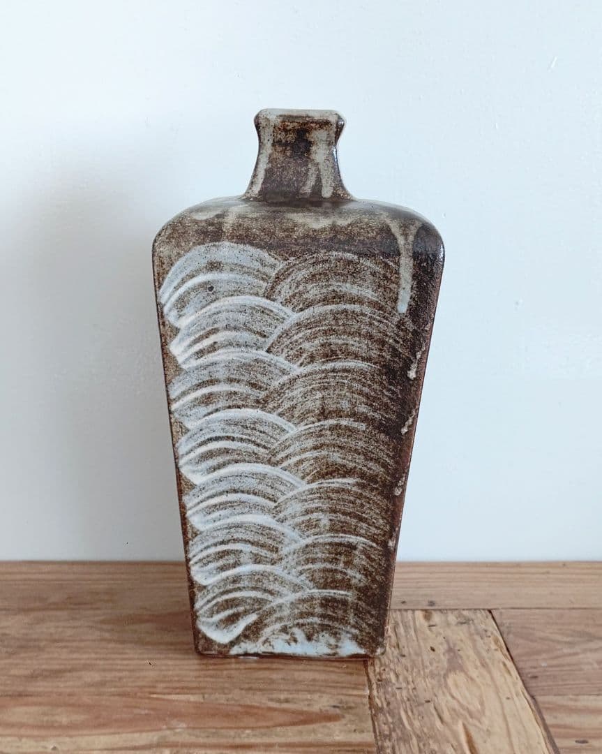 明石庄作 濱田庄司の弟子 赤絵花瓶 益子焼 角瓶 民芸 民藝