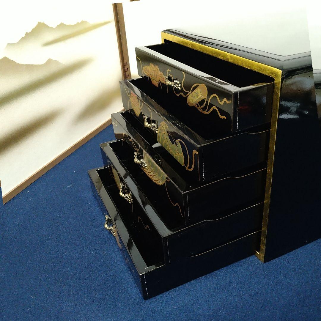 A846 輪島塗 蒔絵 五段引き出し 小箪笥 黒漆箱 仏具 経箱 五帖 経箱