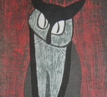 斎藤清、「凝視（猫）」、希少な画集の額装画、オーダーマット付・日本製新品額入り