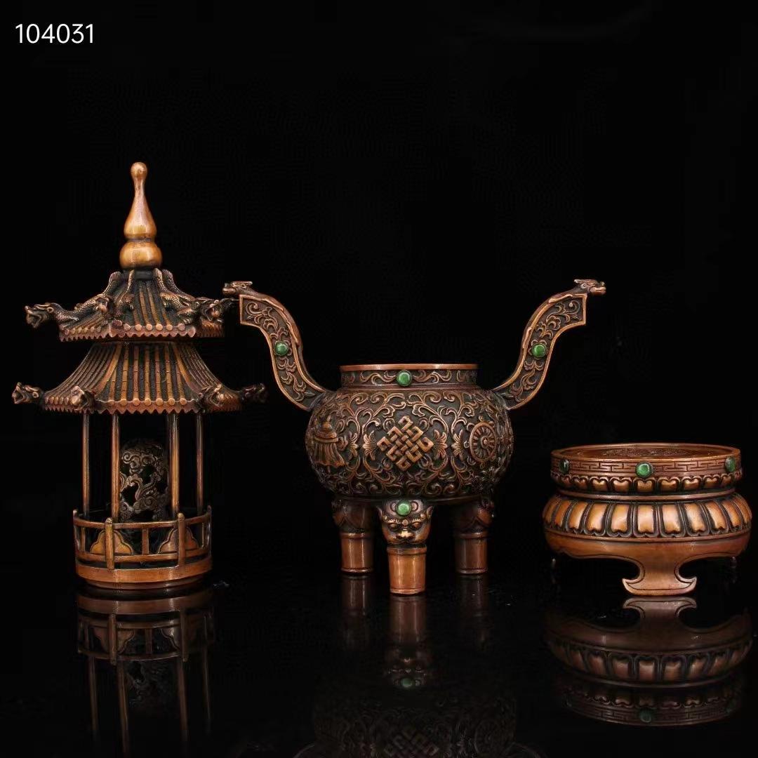 中国古美術·純銅製·純手作り·宝石をはめ込み塔形香炉·風水鎮宅·置物·細密彫