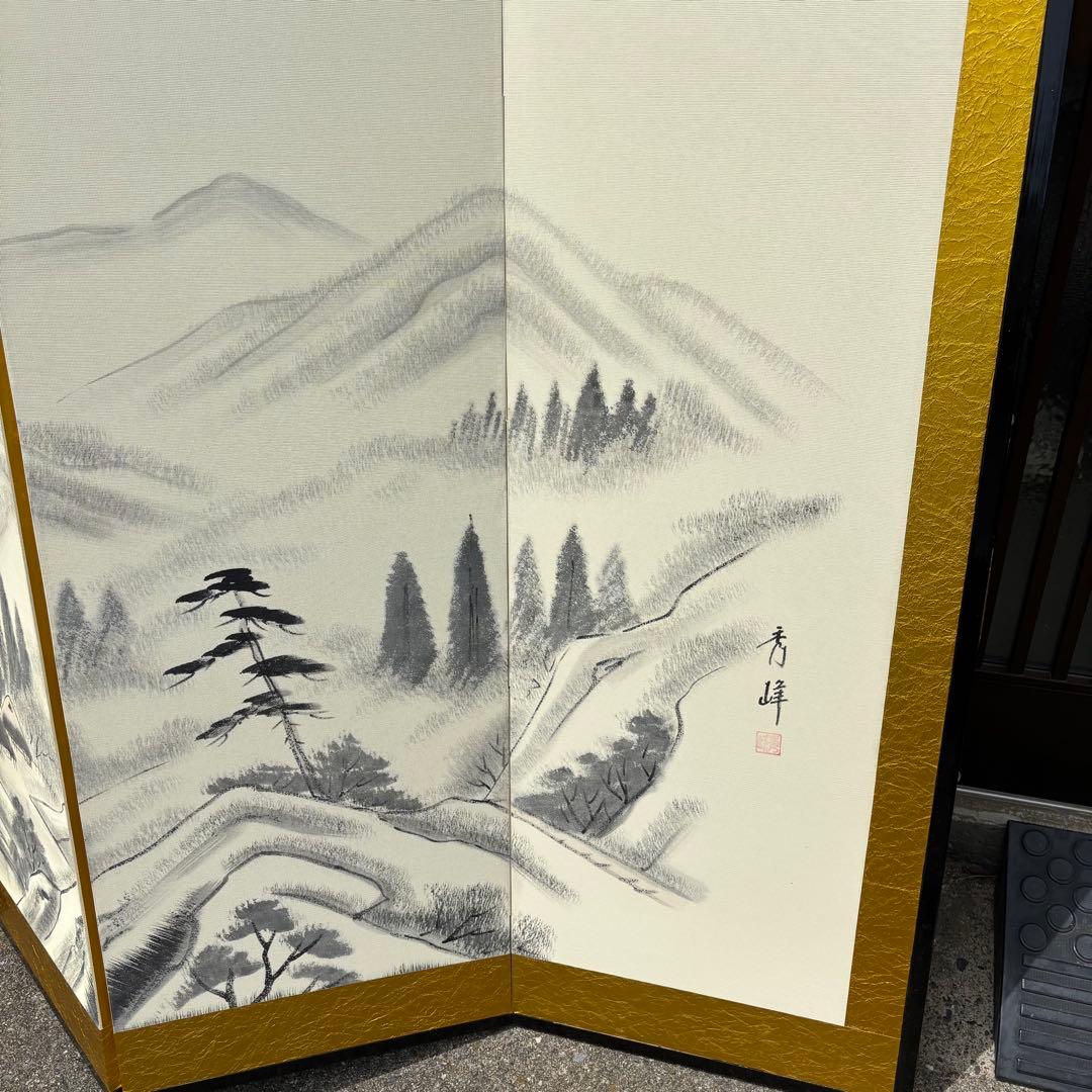 【秀峰銘】山水図屏風 風景図約259×116㎝ 金紙 片面 六曲 屏風 日本画