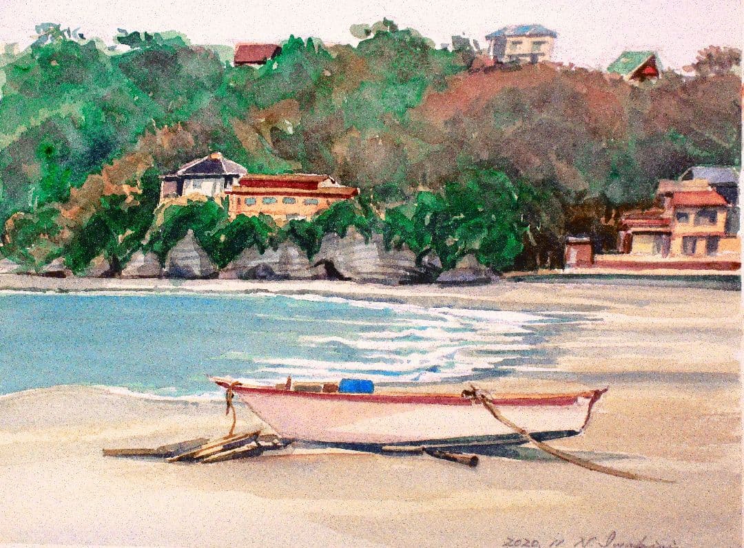 水彩画 海辺のボート 2020年作 額縁付き F6サイズ