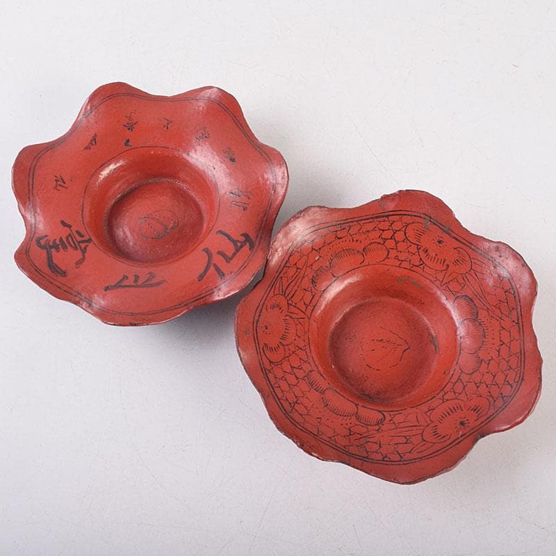 煎茶道具　唐物　朱塗　漢詩蝶文　花形茶托　五客　V　R8888