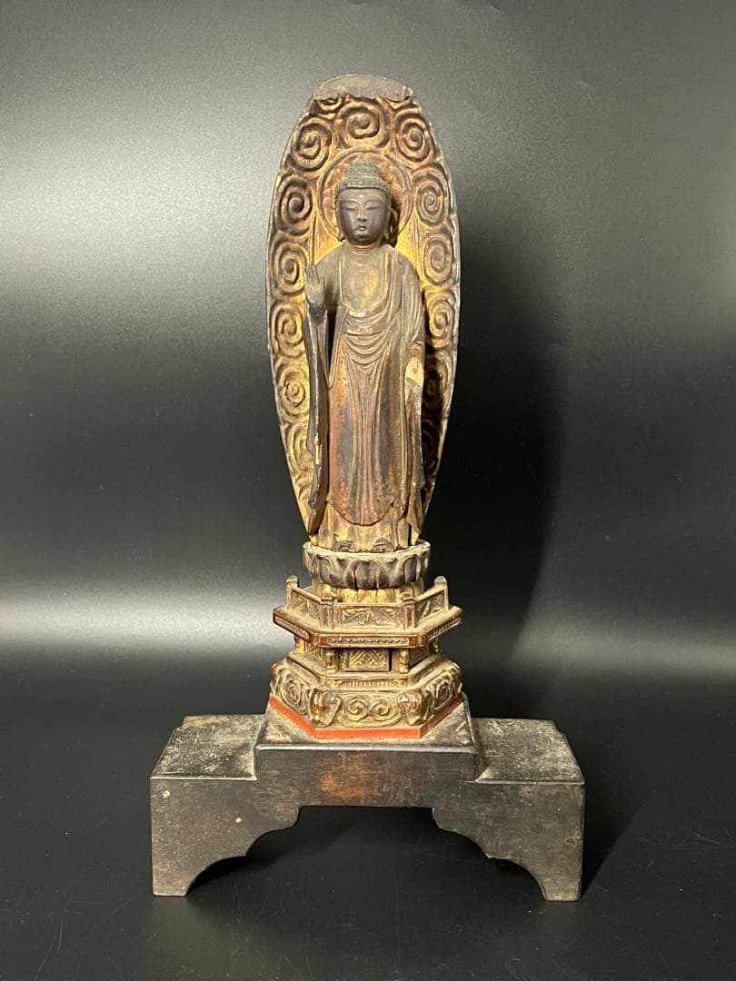 江戸時代後期 木彫 阿弥陀如来立像 仏像 舟形光背 古仏 仏教美術◎ 古美術庵々