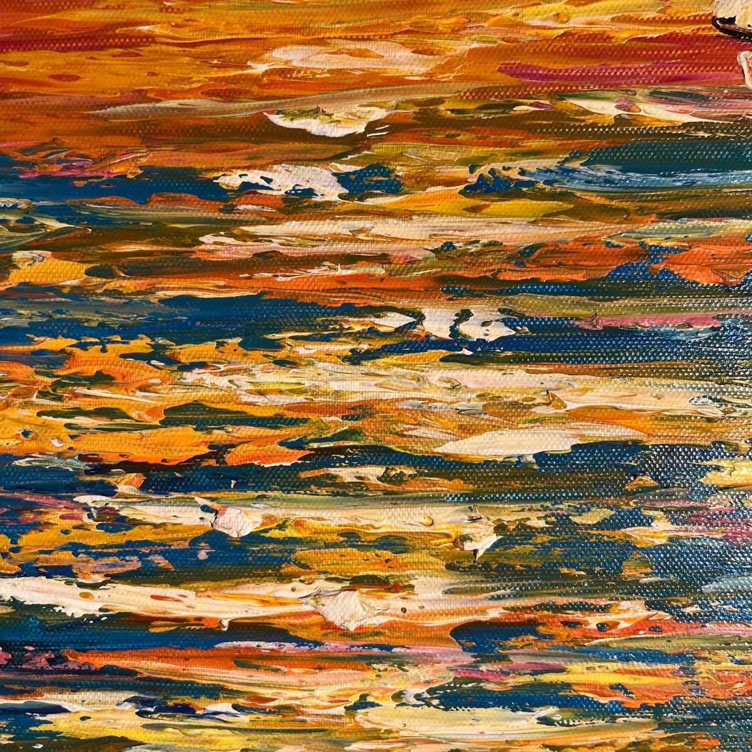手描き油絵 sun set夕陽 額付 インテリア 油彩画 肉筆絵画