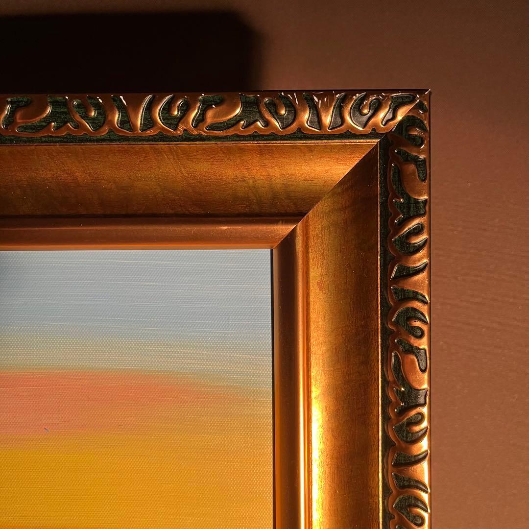 手描き油絵 sun set夕陽 額付 インテリア 油彩画 肉筆絵画