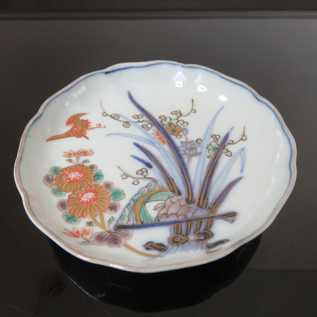 小皿 5枚 古伊万里 色絵付け 鶴 菊 草 扇 花束 銘 角久 窯傷 江戸 明治