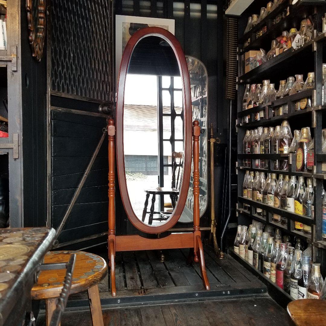 希少　美品　大型　オーバル　チーク　ウッド　カラー　無垢　硬木製　スタンドミラー