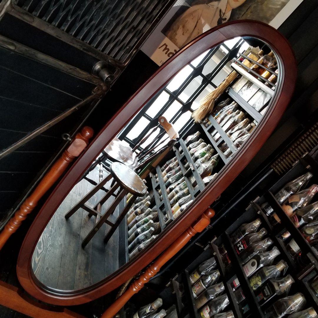 希少　美品　大型　オーバル　チーク　ウッド　カラー　無垢　硬木製　スタンドミラー