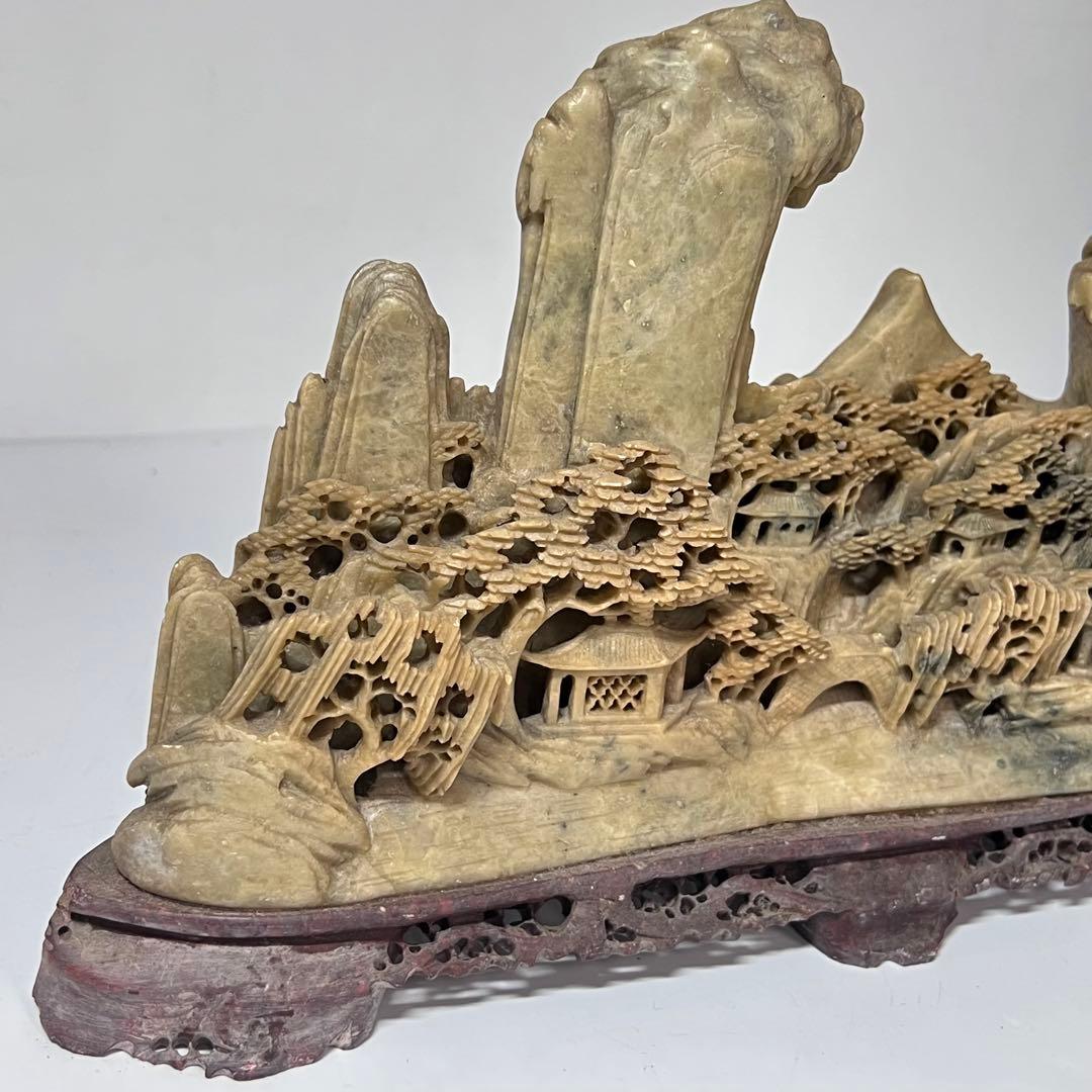 中国 寿山石楼閣山水雕 床飾 置物 彫刻