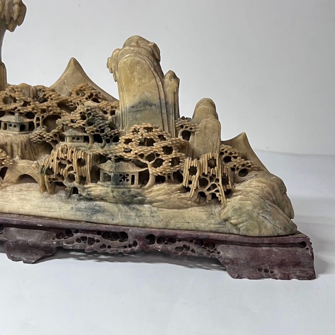 中国 寿山石楼閣山水雕 床飾 置物 彫刻