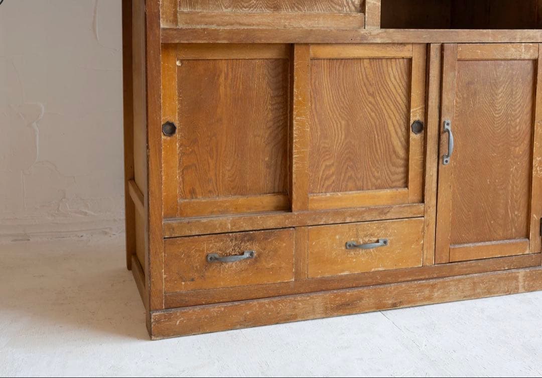 昭和レトロ 茶箪笥 ガラス戸 引き戸 食器棚 収納棚