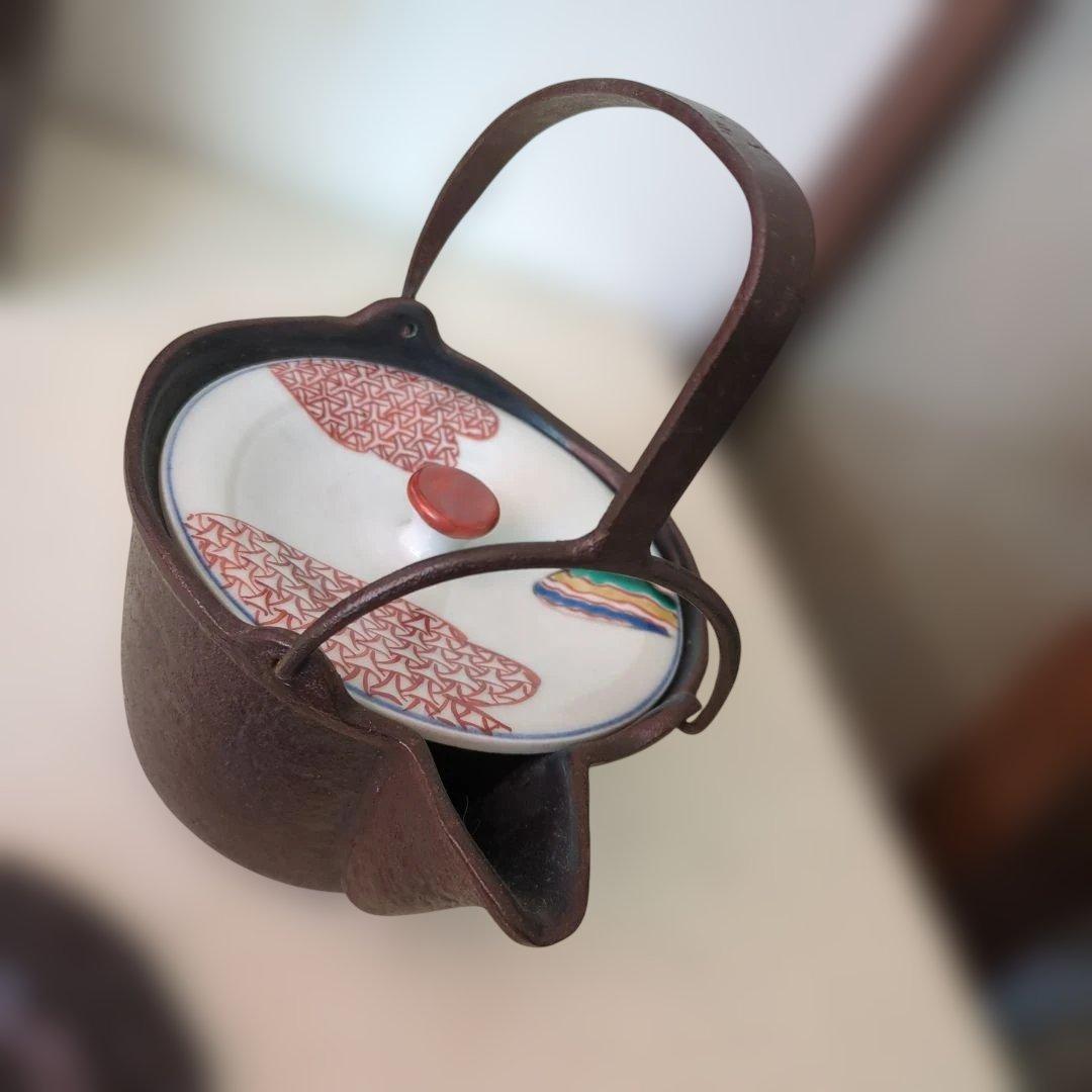 骨董　燗鍋　燗付　鋳鉄製　替蓋　酒器　茶道具　陶器蓋付き