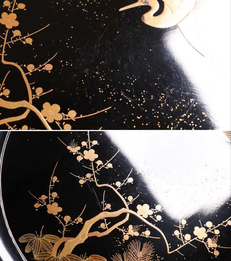 MA220 時代漆器 松竹梅鶴金蒔絵 縁唐草 黒塗 大徳寺盆 五客 菓子盆 木皿
