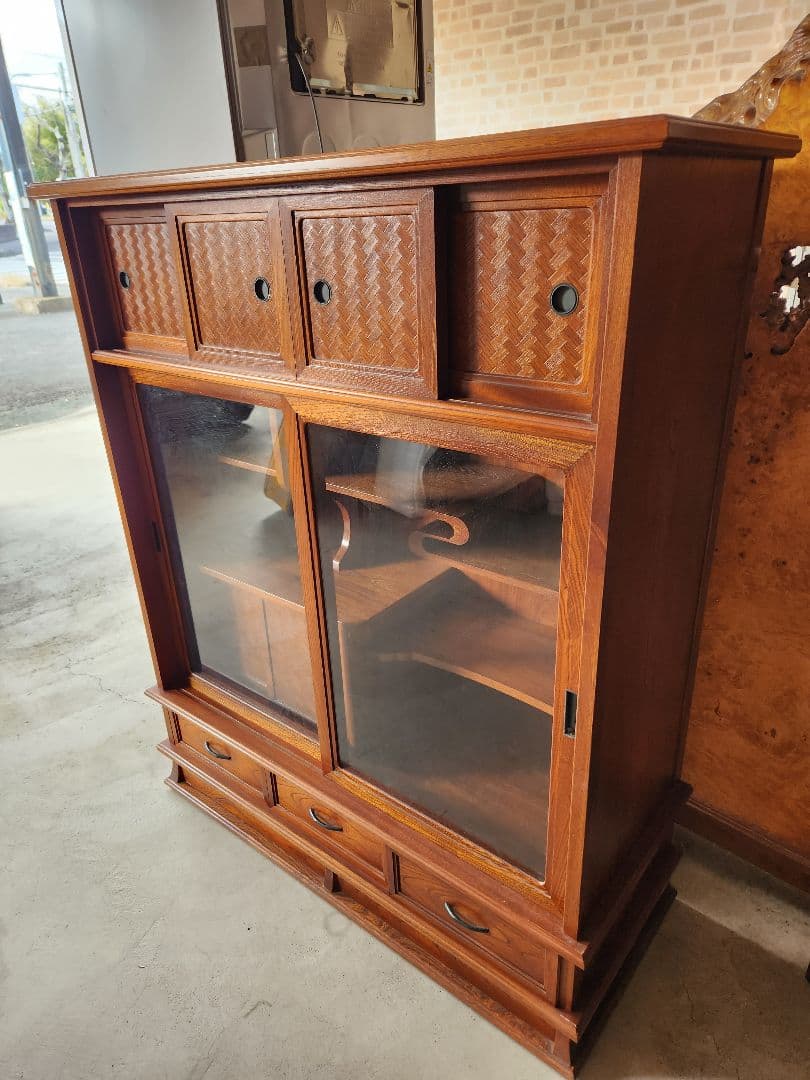 欅　あじろ茶棚　茶箪笥　和風収納棚 ガラス扉付き　アンティーク風昭和レトロ