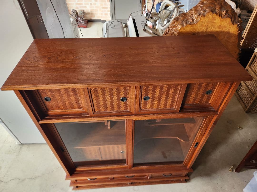 欅　あじろ茶棚　茶箪笥　和風収納棚 ガラス扉付き　アンティーク風昭和レトロ