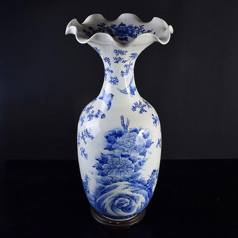 瀬戸焼　古瀬戸　染付　牡丹文　花口大瓶　唐木台・時代箱付　G　R8765B