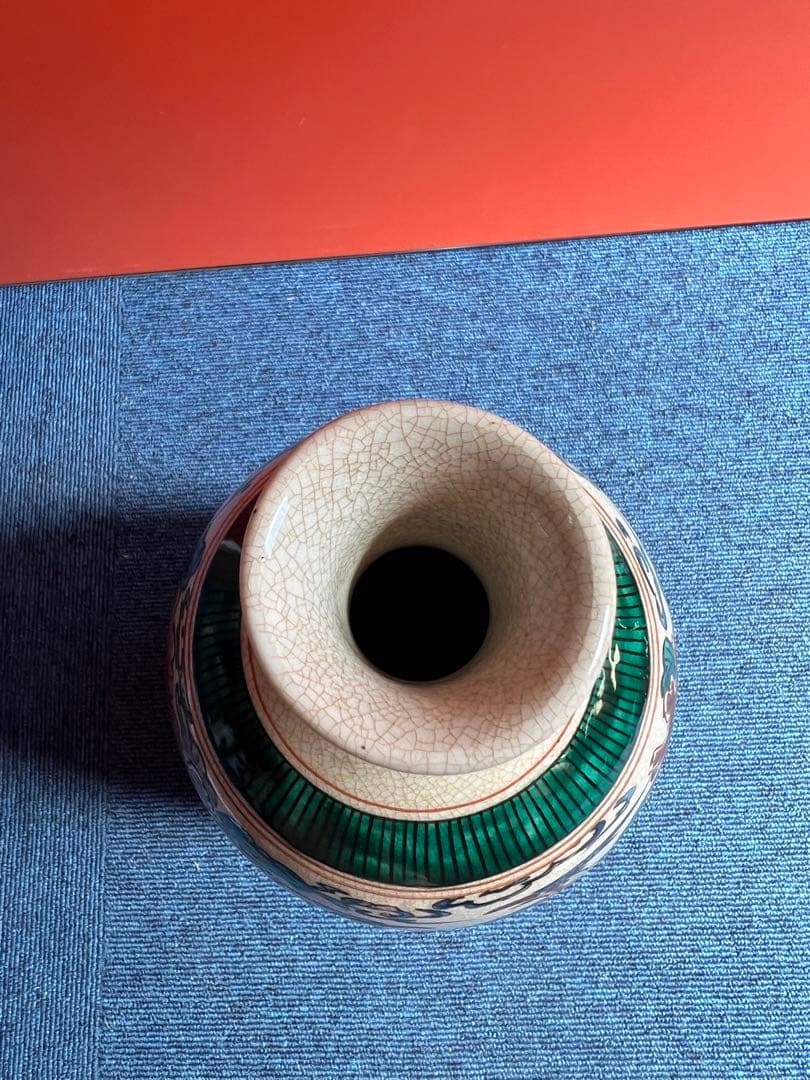 878 古九谷 九谷焼【角福】銘 青九谷 花鳥文様 色絵花瓶  時代物