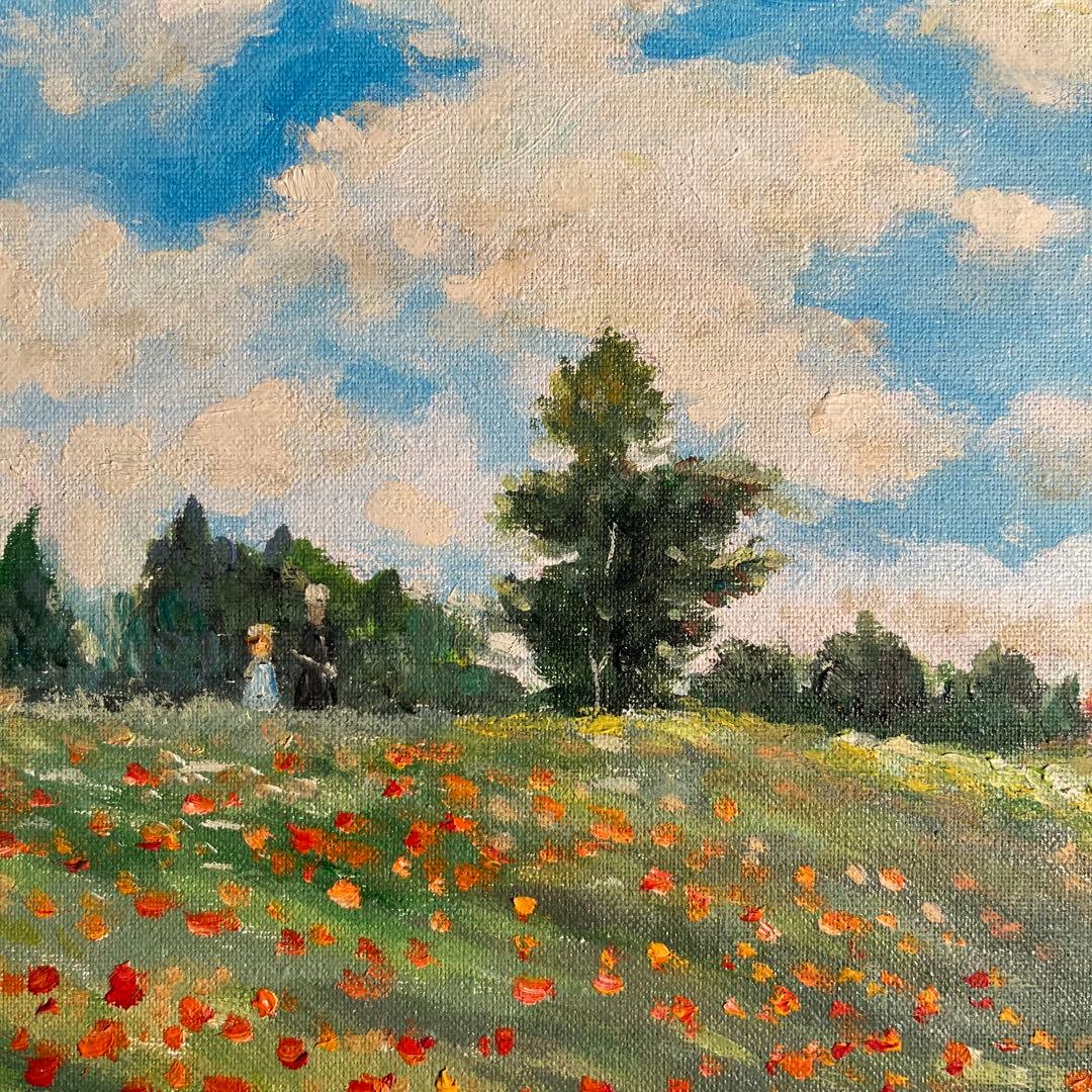 ★秀作★手書き油絵 クロード・モネ ひなげし 額付 絵画 インテリア 油彩画