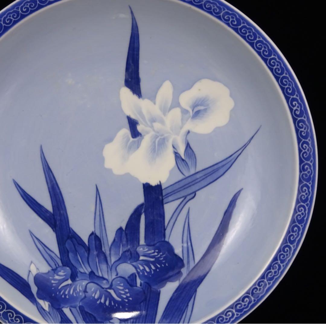 明治時代　平戸焼　染付　白抜き　菖蒲文　皿　飾皿　額皿　陶額　古伊万里　墨弾き