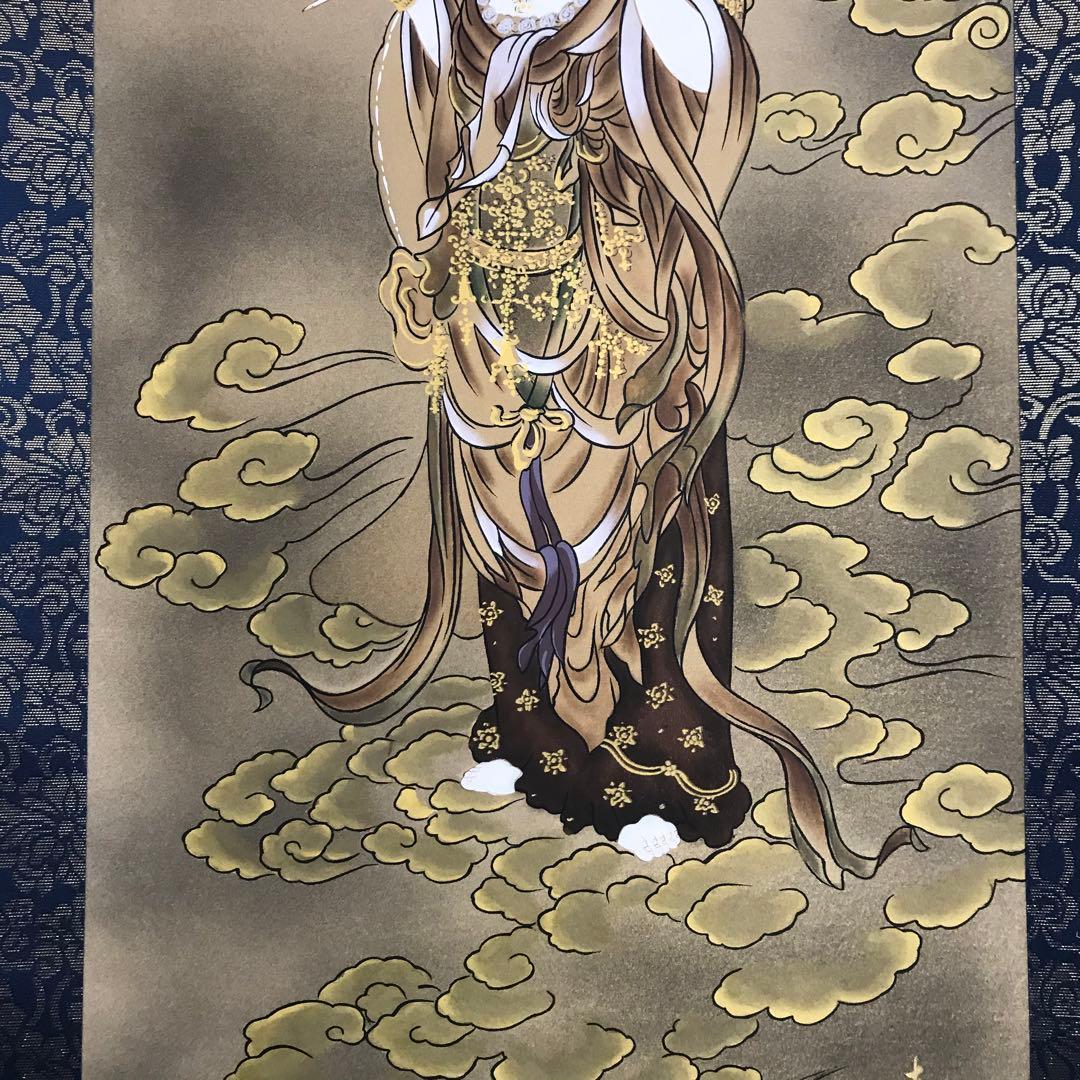 福田素仙「雲上観音」掛軸 絹本 肉筆 共箱 仏画 仏教美術 Z-34