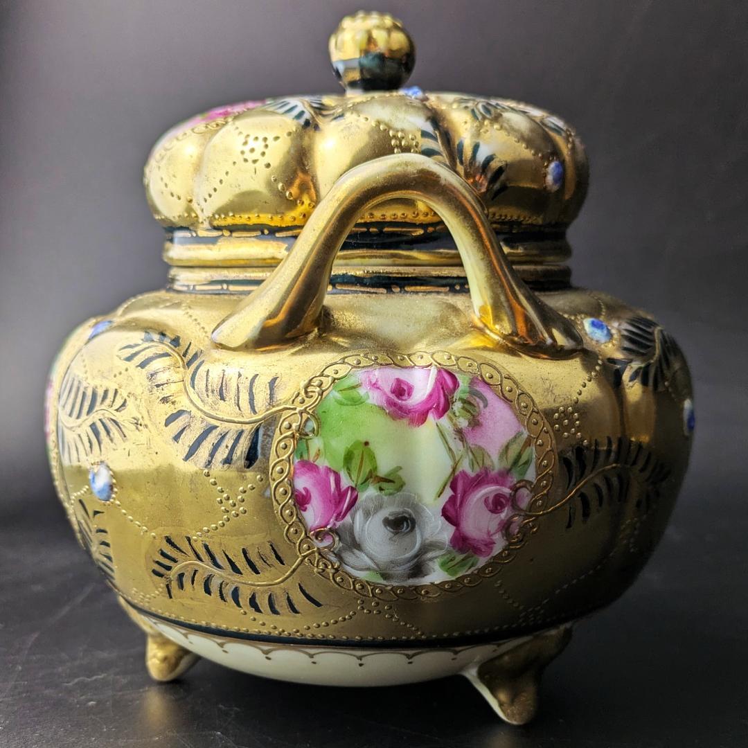 豪華金彩アールヌーボー 薔薇唐草模様 茶壷＆糖器セット 手彩金盛上 ニッポン