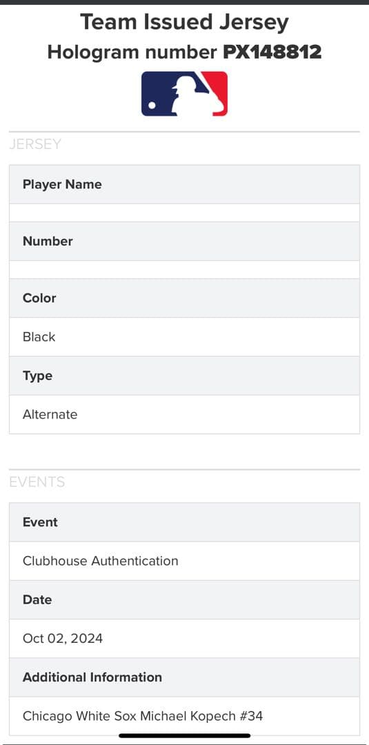 シカゴホワイトソックス　マイケル　コペック　支給ユニフォーム　実使用　ドジャース