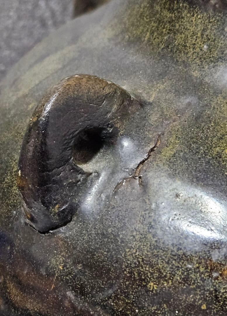 中国古美術　中国古陶磁器　明代　明朝 磁州窯　黒釉　四耳壺　高さ19.5cm