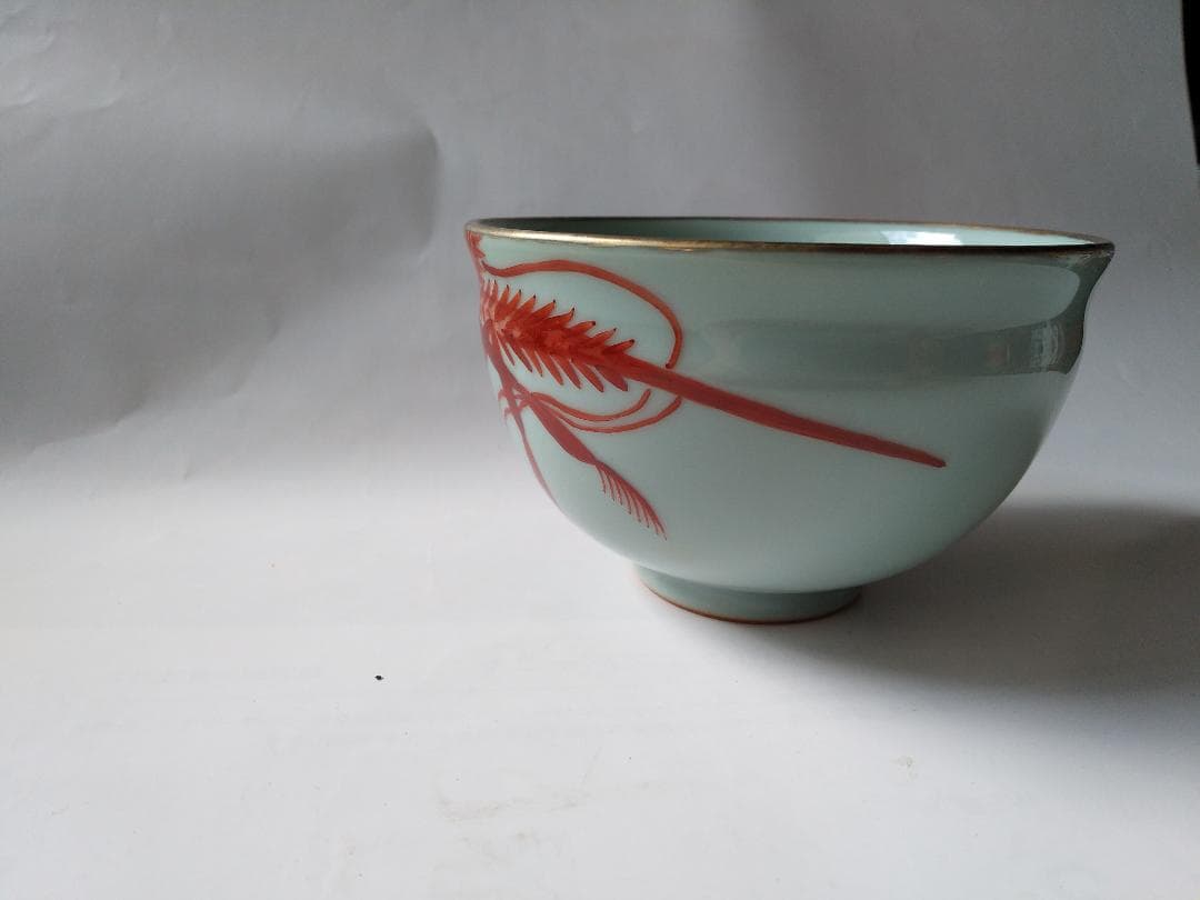 二代 手塚玉堂 青瓷 海老乃絵 茶碗 共箱 共布 栞 茶道具 抹茶碗 新品