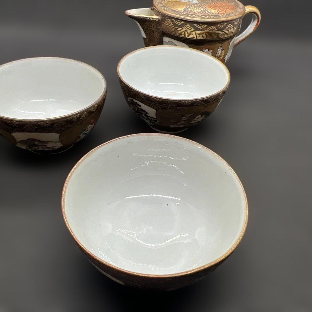 明治時代　金彩山水人物画九谷焼煎茶器セット　宝瓶１点　湯呑み３点まとめて煎茶道具