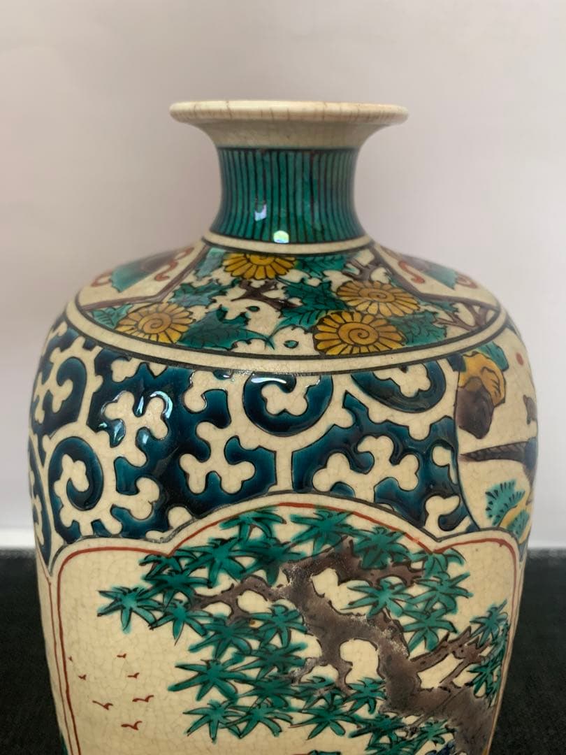 江戸　古九谷　人物花鳥　角福　花瓶　送料込み