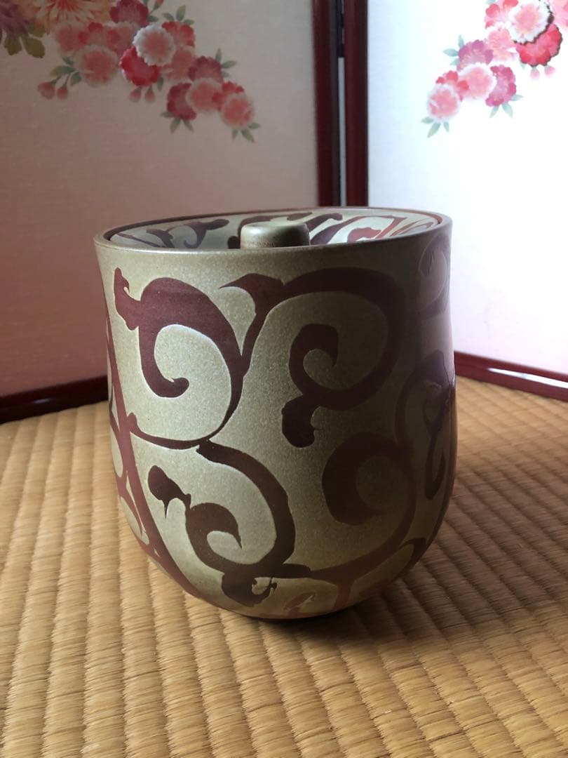 朱泥　唐草文　水指　一位窯　田中一晃　氏作　共箱入